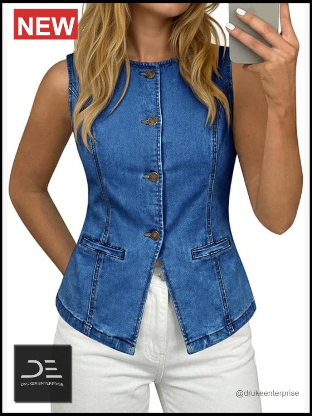 Women's Fitted Denim Vest Sleeveless Button Down Jean Vest